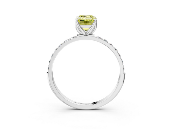 White gold Fancy Yellow Emerald Cut Diamond Solitaire Engagement Ring with Round  Pavé Band and Prong Setting