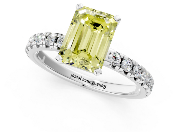 Platinum Fancy Yellow Emerald  Solitaire Pave Diamond Engagement Ring with Four-Prong Setting
