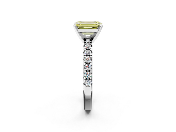 Platinum Fancy Yellow Emerald  Solitaire Pave Diamond Engagement Ring with Four-Prong Setting