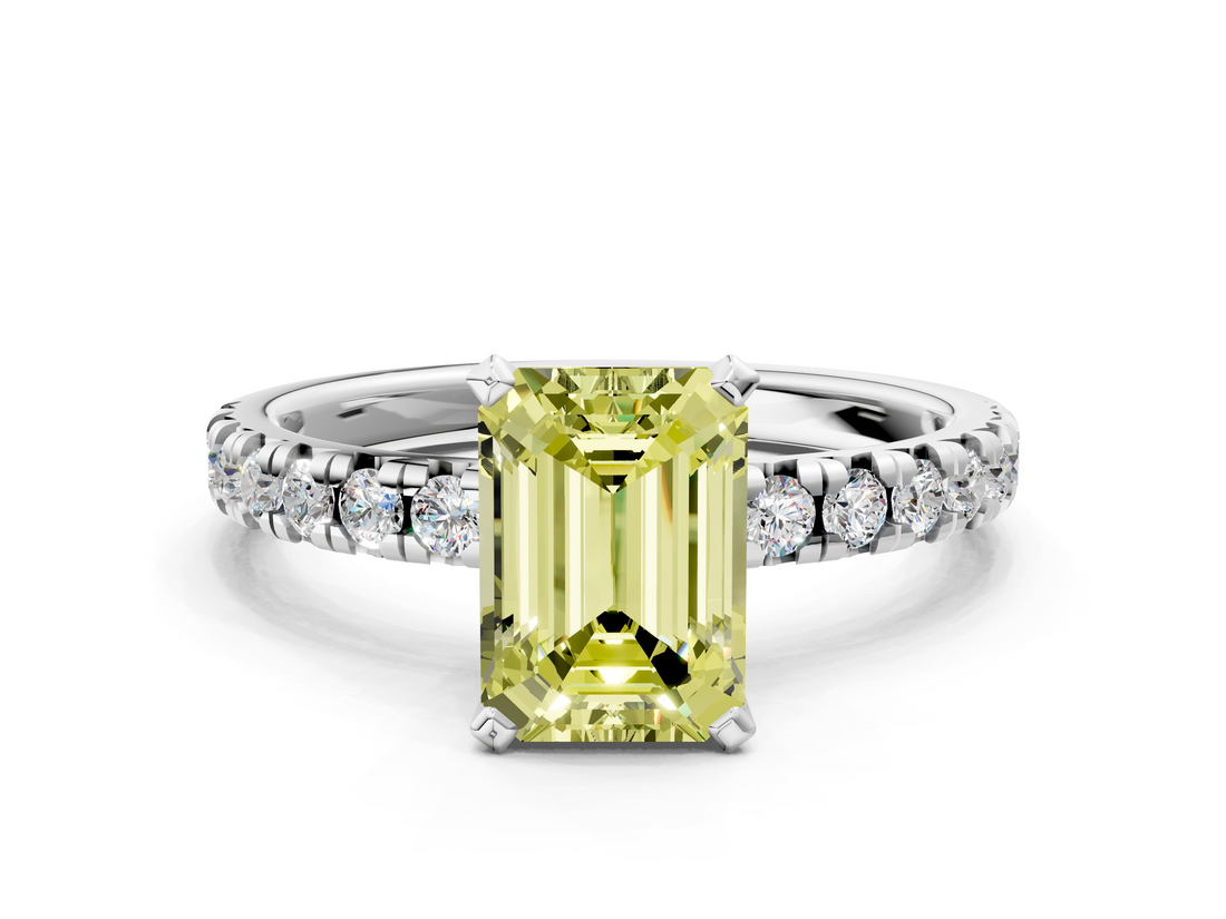 White gold Fancy Yellow Emerald  Solitaire Pave Diamond Engagement Ring with Four-Prong Setting_347