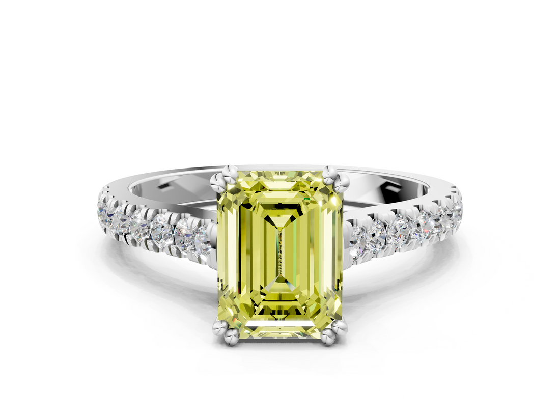 White gold Fancy Yellow Emerald  Solitaire Pave Diamond Engagement Ring with Prong Setting_20