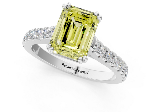 White gold Fancy Yellow Emerald  Solitaire Pave Diamond Engagement Ring with Prong Setting