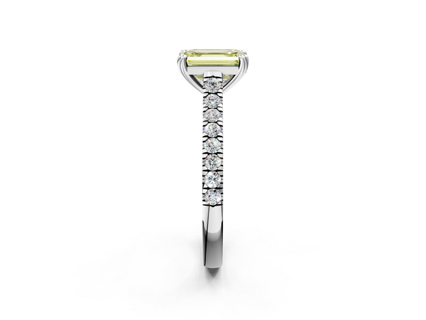 White gold Fancy Yellow Emerald  Solitaire Pave Diamond Engagement Ring with Prong Setting