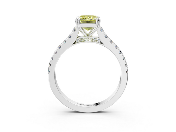 White gold Fancy Yellow Emerald  Solitaire Pave Diamond Engagement Ring with Prong Setting