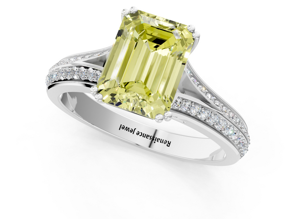 White gold Fancy Yellow Emerald Cut Diamond Split Shank Engagement Ring with Pavé Band