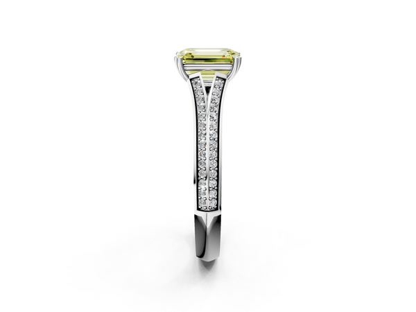 White gold Fancy Yellow Emerald Cut Diamond Split Shank Engagement Ring with Pavé Band