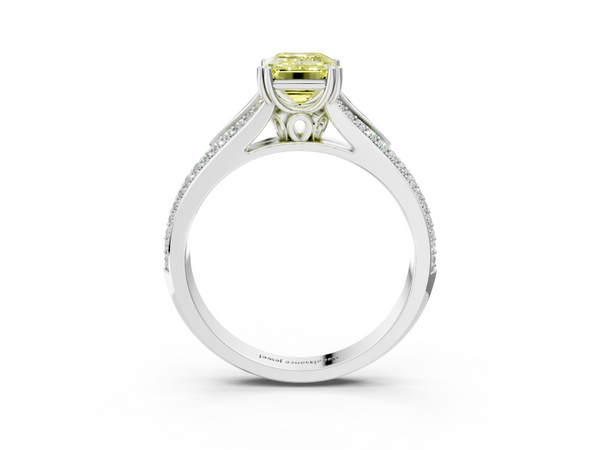 White gold Fancy Yellow Emerald Cut Diamond Split Shank Engagement Ring with Pavé Band