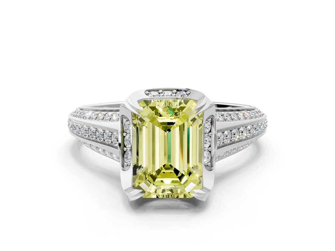 White gold Fancy Yellow Emerald  Solitaire Pave Split Shank Ring with Four-Prong Setting_123