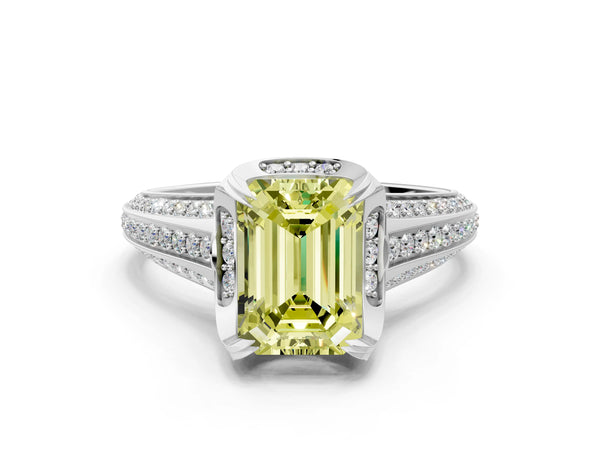 Platinum Fancy Yellow Emerald  Solitaire Pave Split Shank Ring with Four-Prong Setting