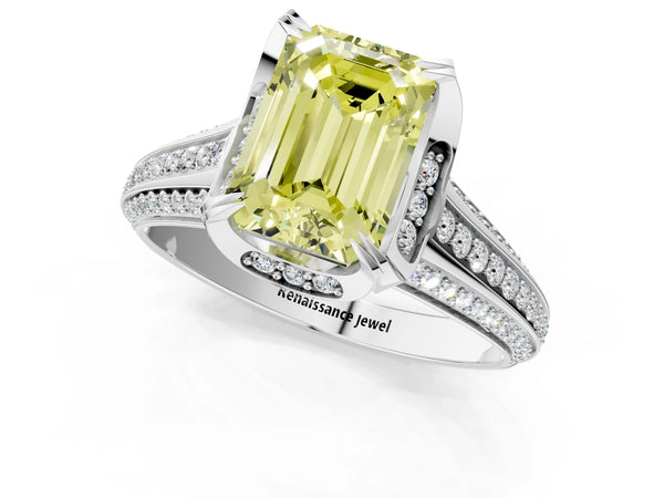 Platinum Fancy Yellow Emerald  Solitaire Pave Split Shank Ring with Four-Prong Setting