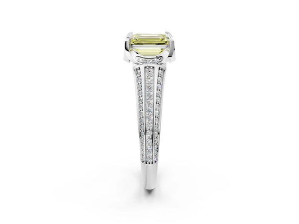 Platinum Fancy Yellow Emerald  Solitaire Pave Split Shank Ring with Four-Prong Setting