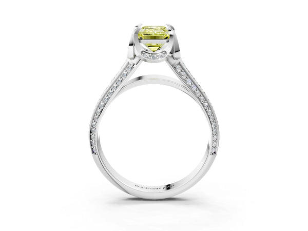 Platinum Fancy Yellow Emerald  Solitaire Pave Split Shank Ring with Four-Prong Setting