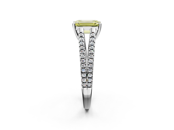White gold Fancy Yellow Emerald Cut Diamond Solitaire Engagement Ring with Split Shank Pavé Band