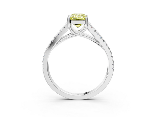 White gold Fancy Yellow Emerald Cut Diamond Solitaire Engagement Ring with Split Shank Pavé Band