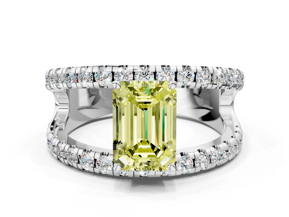 White gold Fancy Yellow Emerald  Solitaire Split Shank Pave Diamond Ring_49