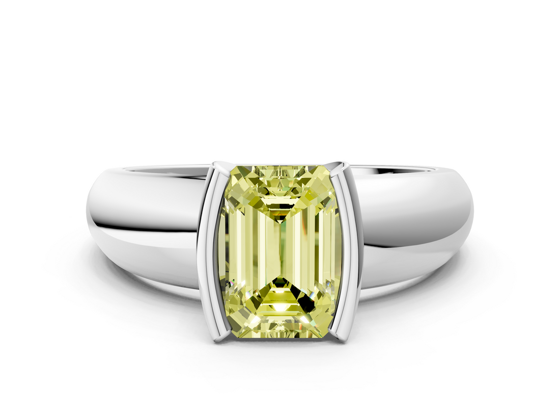 White gold Fancy Yellow Emerald  Solitaire Tension Set Diamond Ring with Wide Band_20
