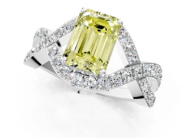 White gold Fancy Yellow Emerald  Solitaire Twist Band Pavé Diamond Engagement Ring