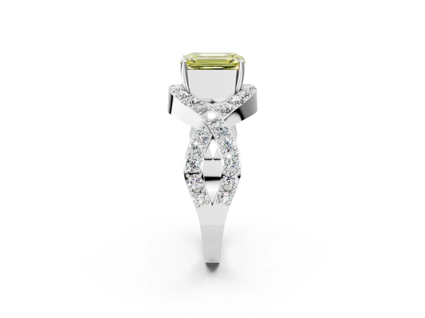 White gold Fancy Yellow Emerald  Solitaire Twist Band Pavé Diamond Engagement Ring
