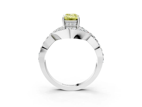 White gold Fancy Yellow Emerald  Solitaire Twist Band Pavé Diamond Engagement Ring