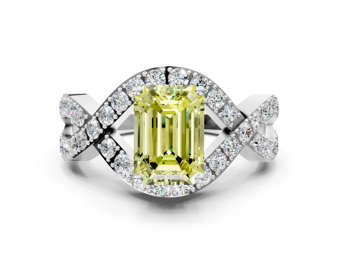 White gold Fancy Yellow Emerald  Solitaire Twist Band Pavé Diamond Engagement Ring_32