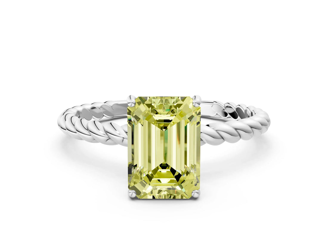 White gold Fancy Yellow Emerald  Solitaire Twist Band Ring with Four-Prong Setting_26