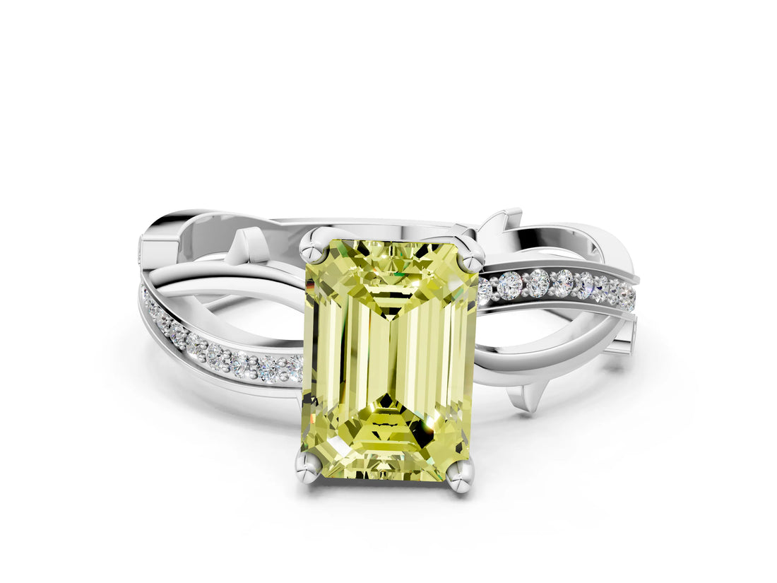 White gold Fancy Yellow Emerald  Solitaire Twist Band with Pavé Accents and Four-Prong Setting_19