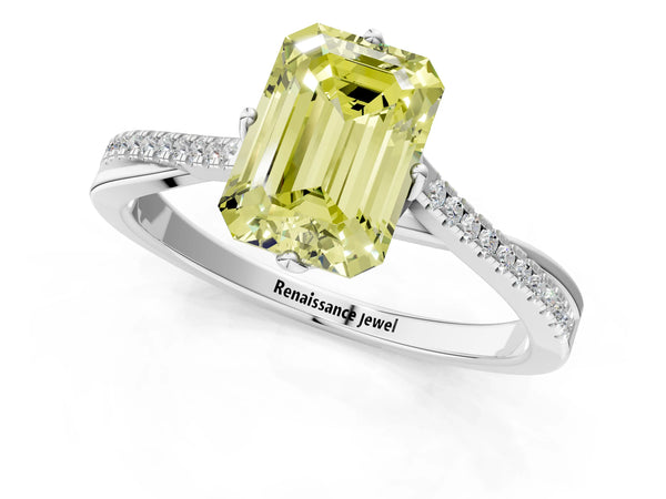 White gold Fancy Yellow Emerald  Solitaire Twist Band with Pavé Diamonds and Four-Prong Setting