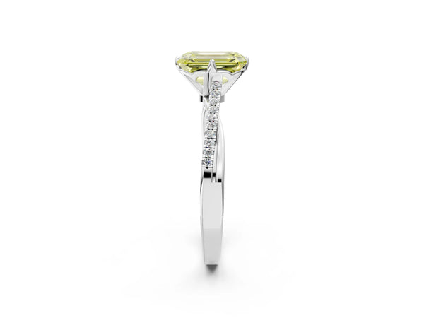 White gold Fancy Yellow Emerald  Solitaire Twist Band with Pavé Diamonds and Four-Prong Setting
