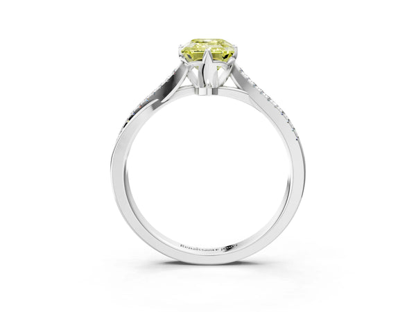 White gold Fancy Yellow Emerald  Solitaire Twist Band with Pavé Diamonds and Four-Prong Setting