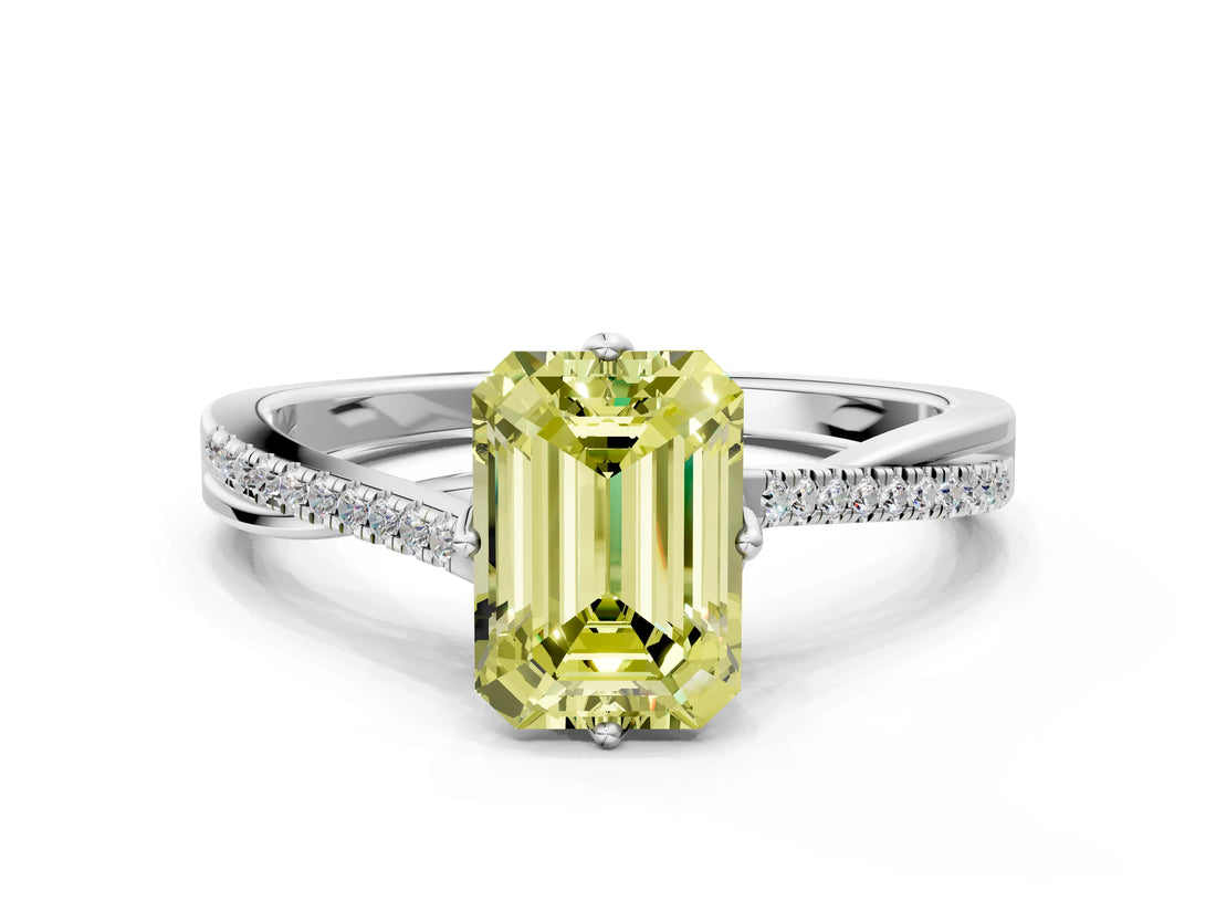 White gold Fancy Yellow Emerald  Solitaire Twist Band with Pavé Diamonds and Four-Prong Setting_99