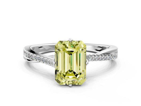 White gold Fancy Yellow Emerald  Solitaire Twist Band with Pavé Diamonds and Four-Prong Setting