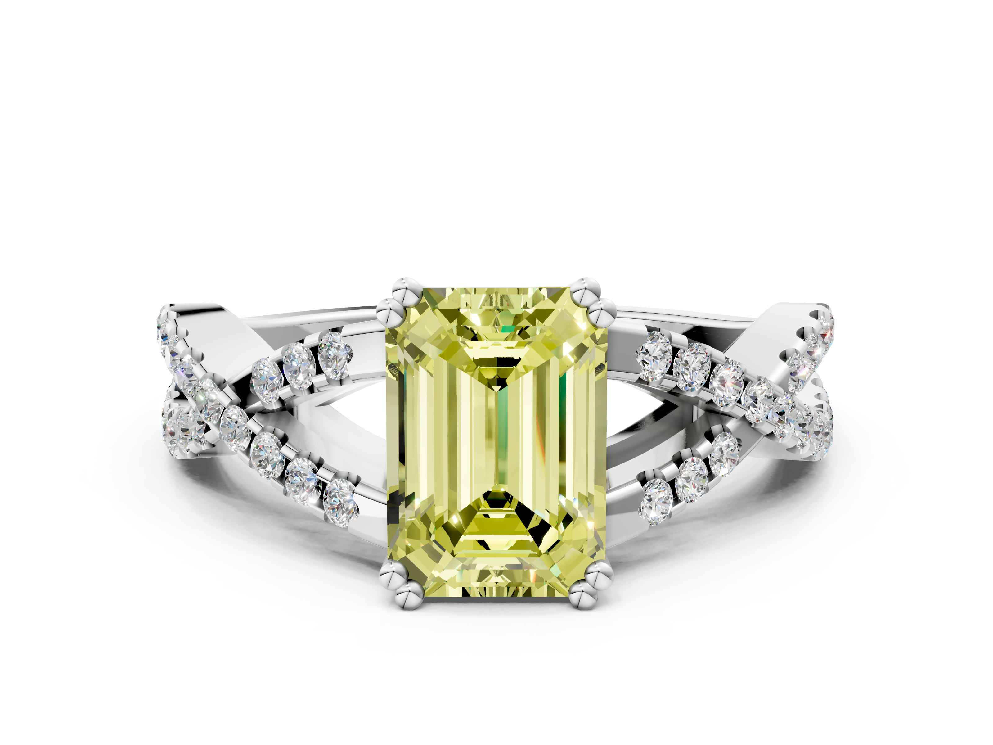 White gold Fancy Yellow Emerald  Solitaire Twist Band with Pavé Setting and Four-Prong Setting_44