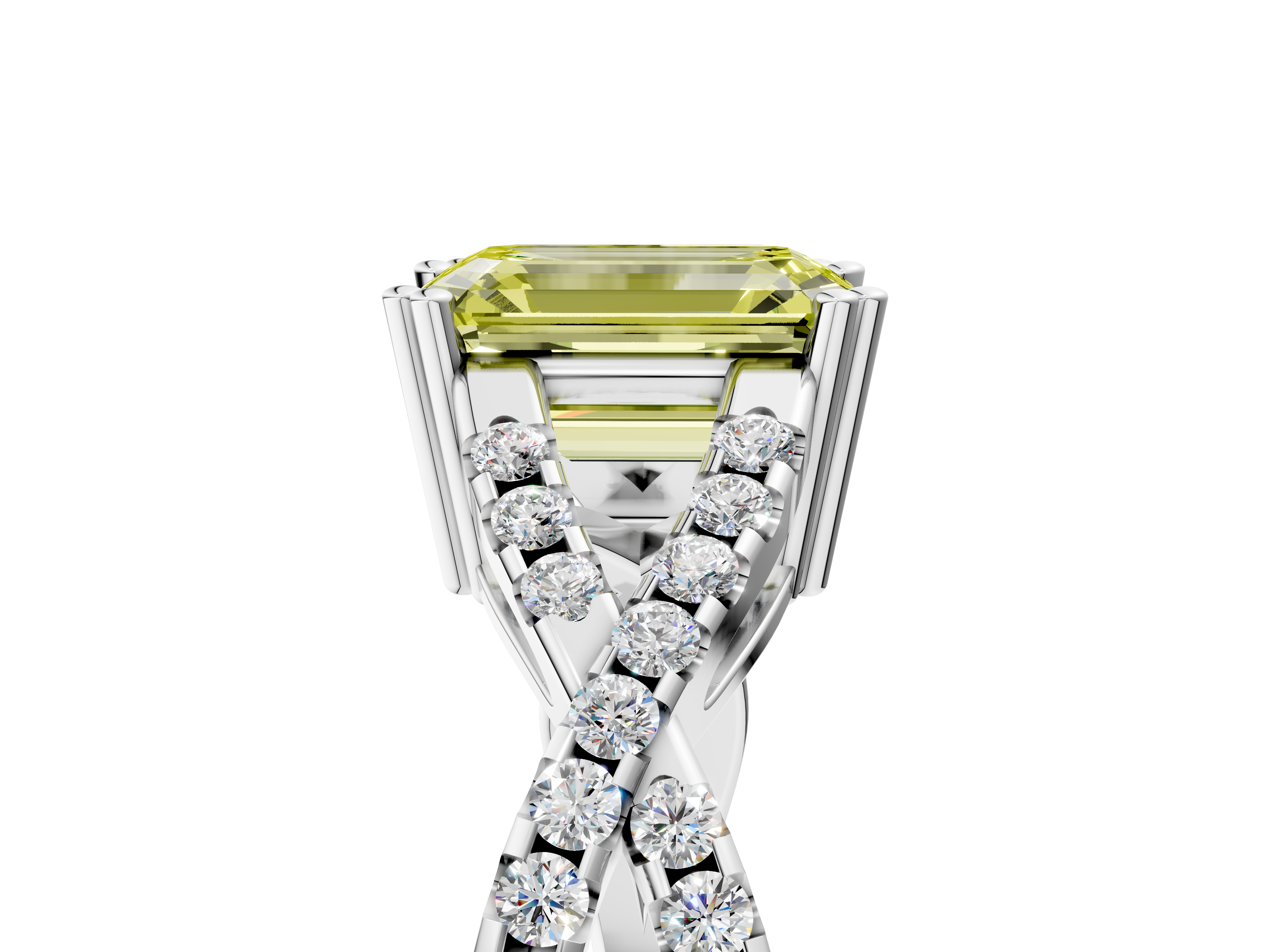White gold Fancy Yellow Emerald  Solitaire Twist Band with Pavé Setting and Four-Prong Setting_49