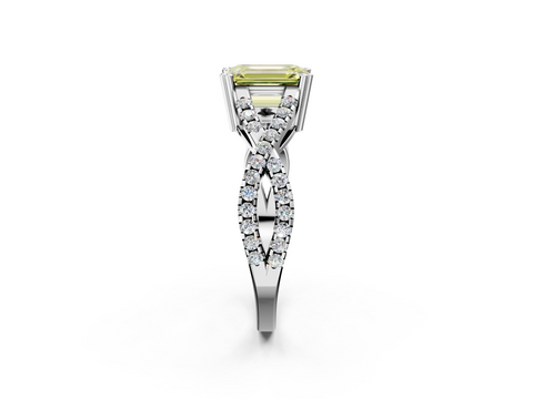 White gold Fancy Yellow Emerald  Solitaire Twist Band with Pavé Setting and Four-Prong Setting_50