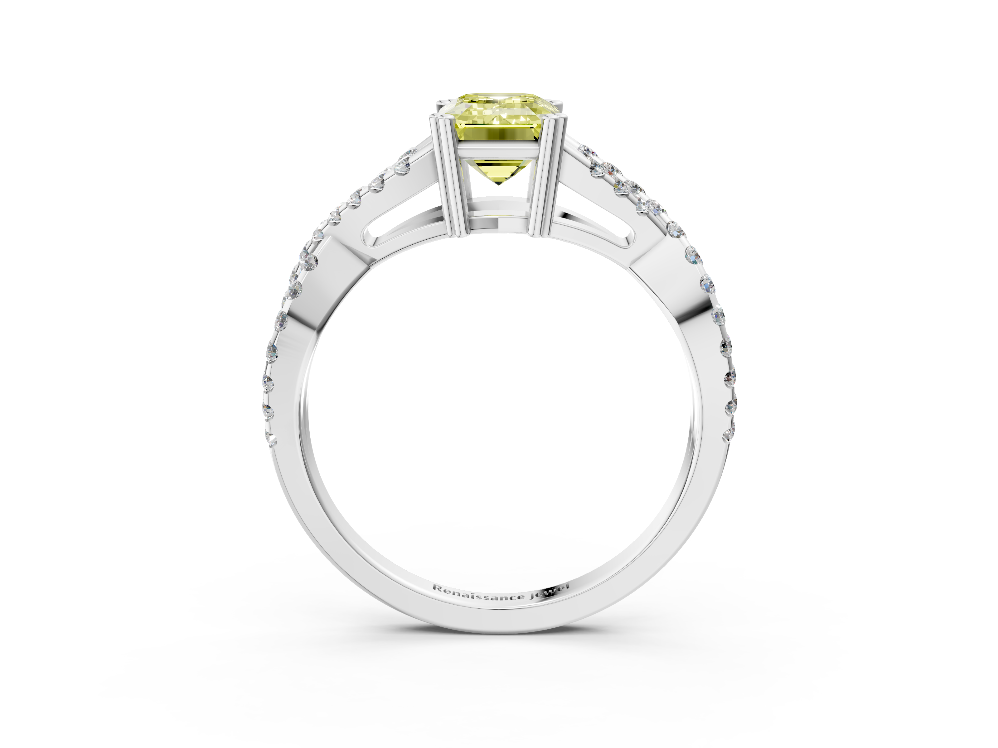White gold Fancy Yellow Emerald  Solitaire Twist Band with Pavé Setting and Four-Prong Setting_51