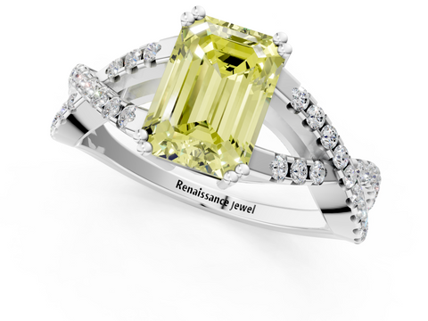 White gold Fancy Yellow Emerald  Solitaire Twist Band with Pavé Setting and Four-Prong Setting_62