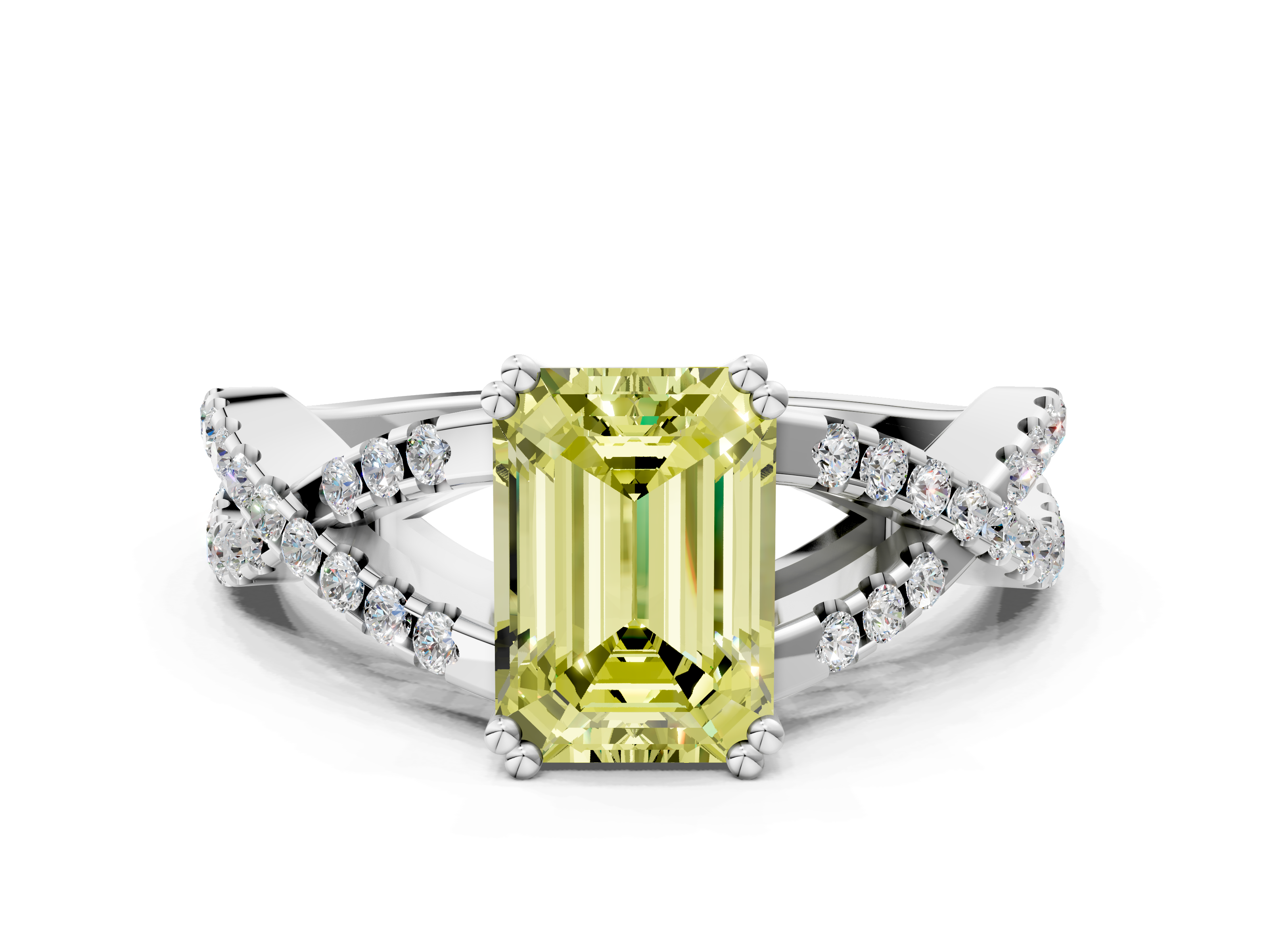 White gold Fancy Yellow Emerald  Solitaire Twist Band with Pavé Setting and Four-Prong Setting_65