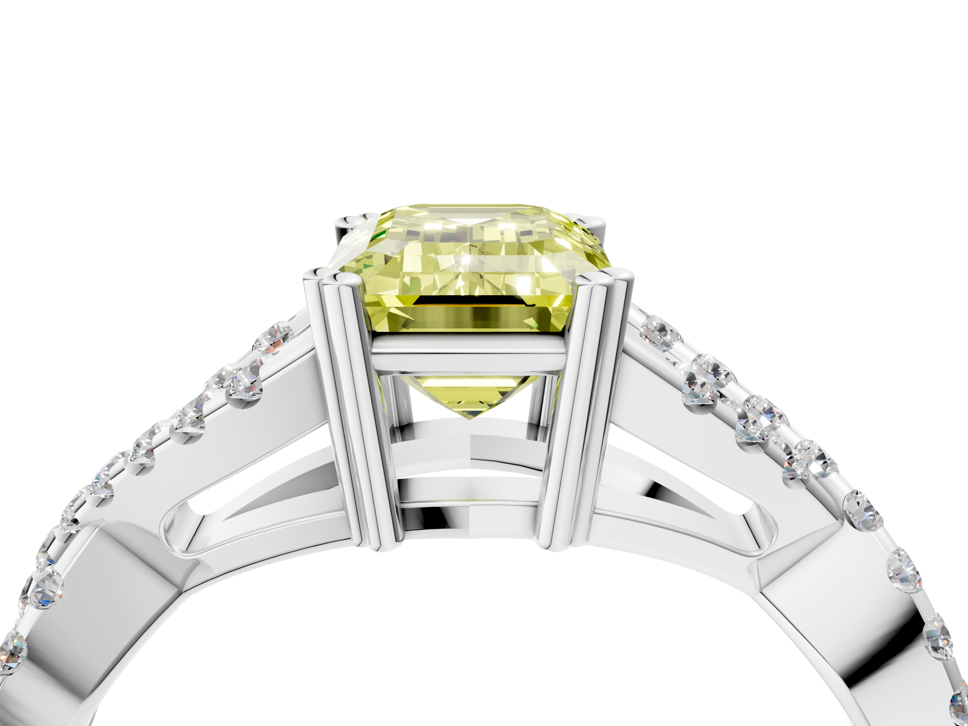 White gold Fancy Yellow Emerald  Solitaire Twist Band with Pavé Setting and Four-Prong Setting_65