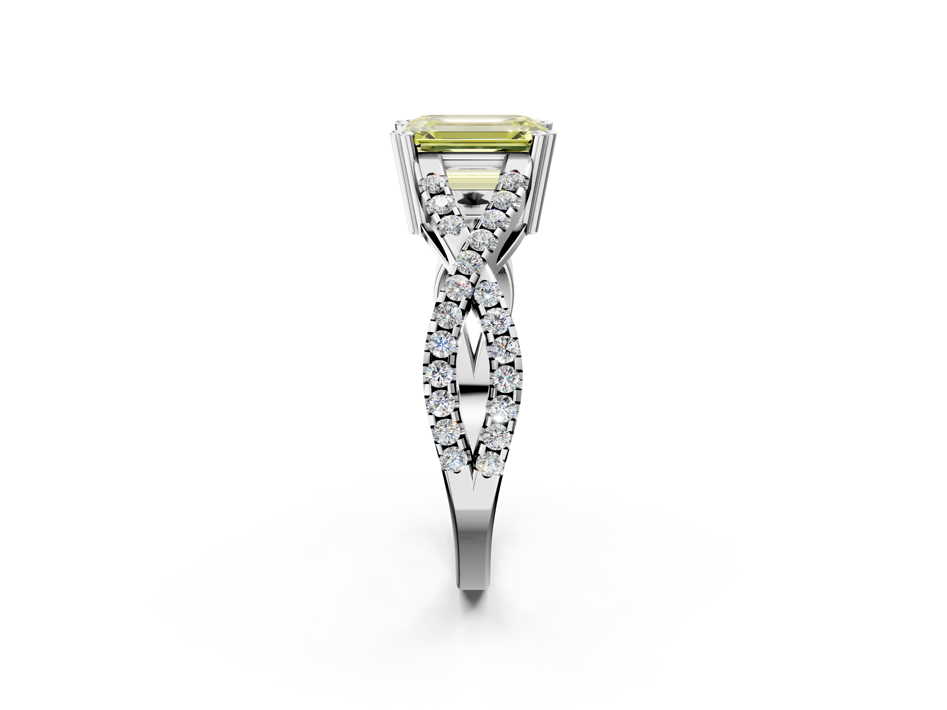 White gold Fancy Yellow Emerald  Solitaire Twist Band with Pavé Setting and Four-Prong Setting_67