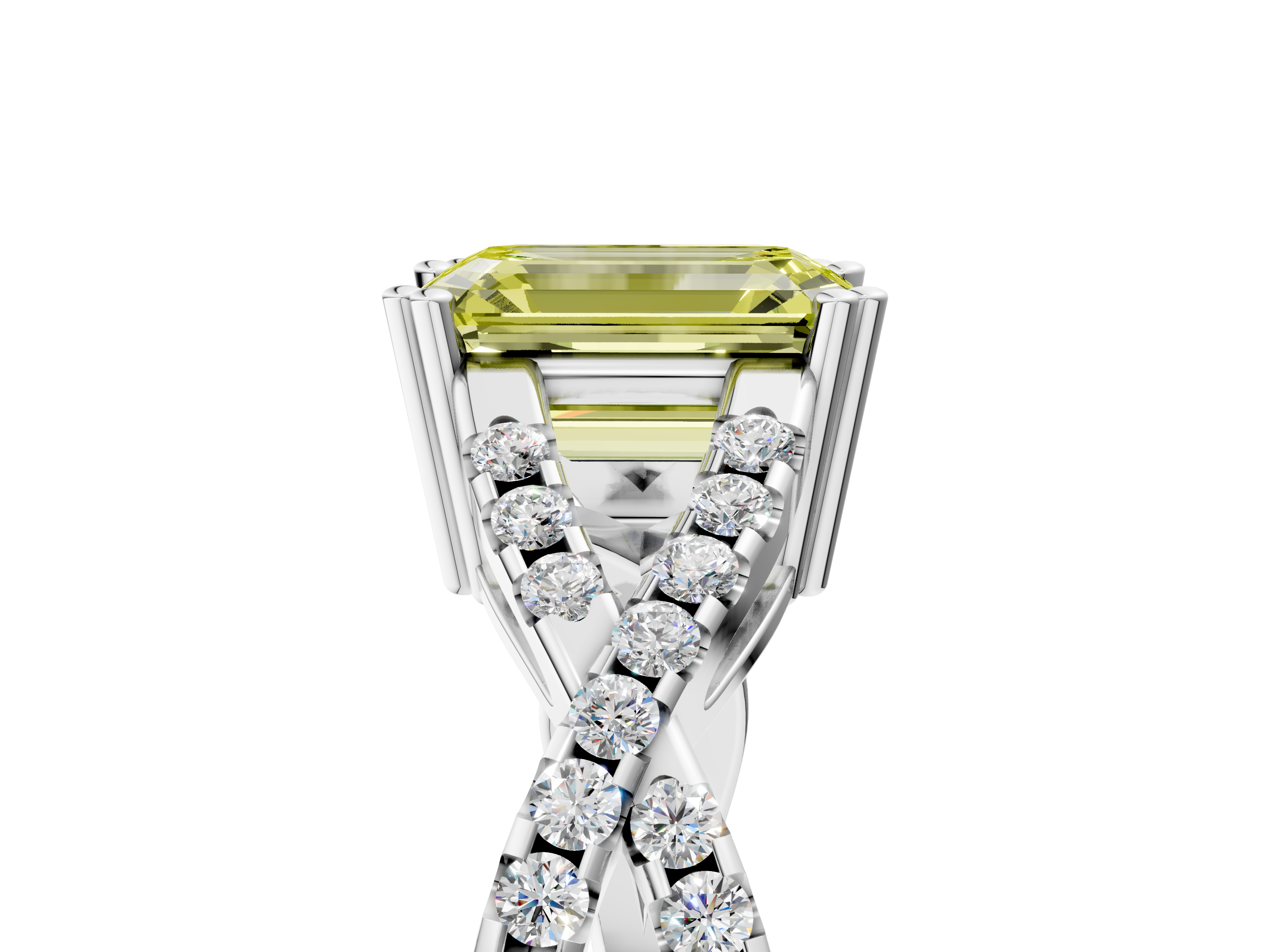 White gold Fancy Yellow Emerald  Solitaire Twist Band with Pavé Setting and Four-Prong Setting_70