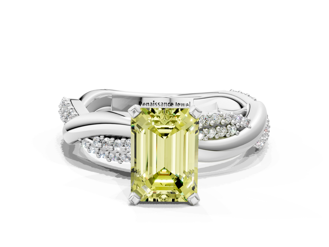 White gold Fancy Yellow Emerald  Solitaire Twist Band with Pave Prong Setting_48