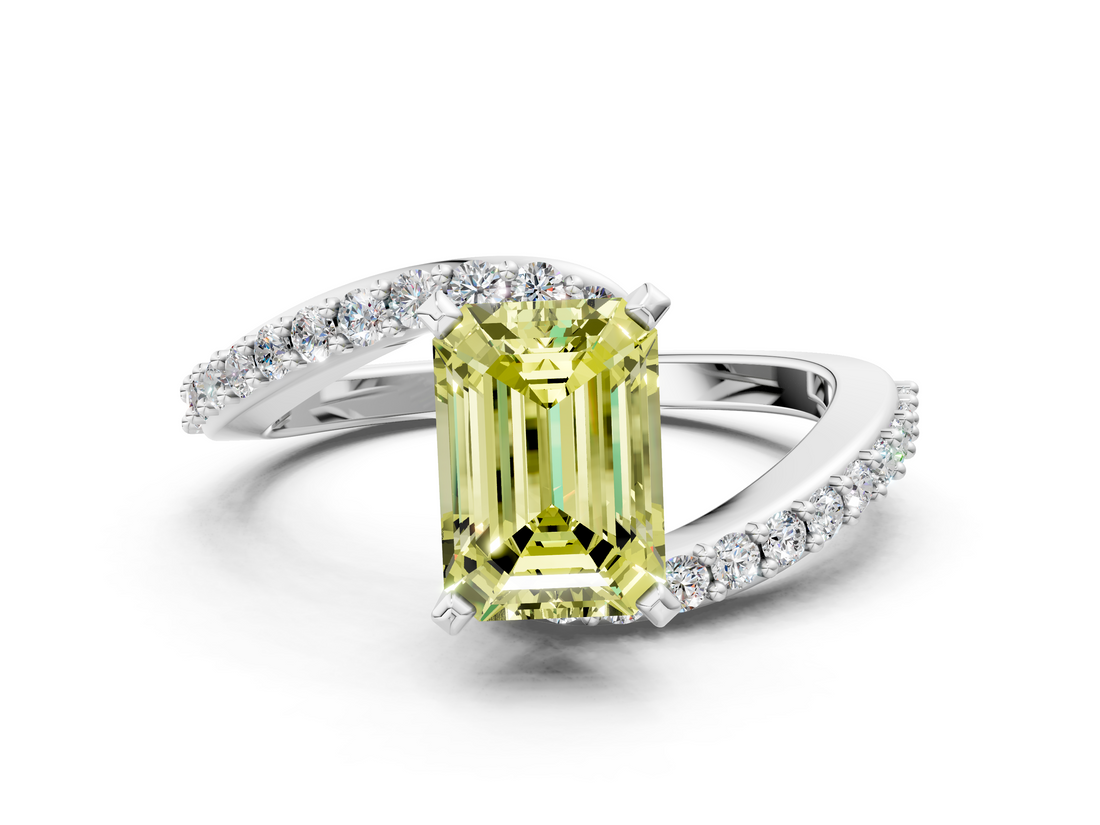 White gold Fancy Yellow Emerald  Solitaire Twist Band with Pave Set Diamonds and Four-Prong Setting_126