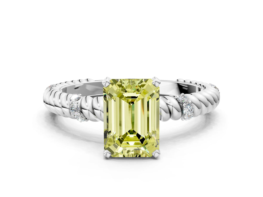 White gold Fancy Yellow Emerald  Solitaire Twisted Band Prong Set Engagement Ring_100