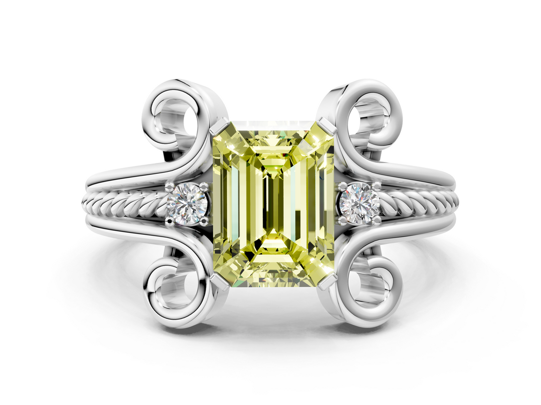 White gold Fancy Yellow Emerald  Solitaire Twisted Band Scroll Prong Ring_3