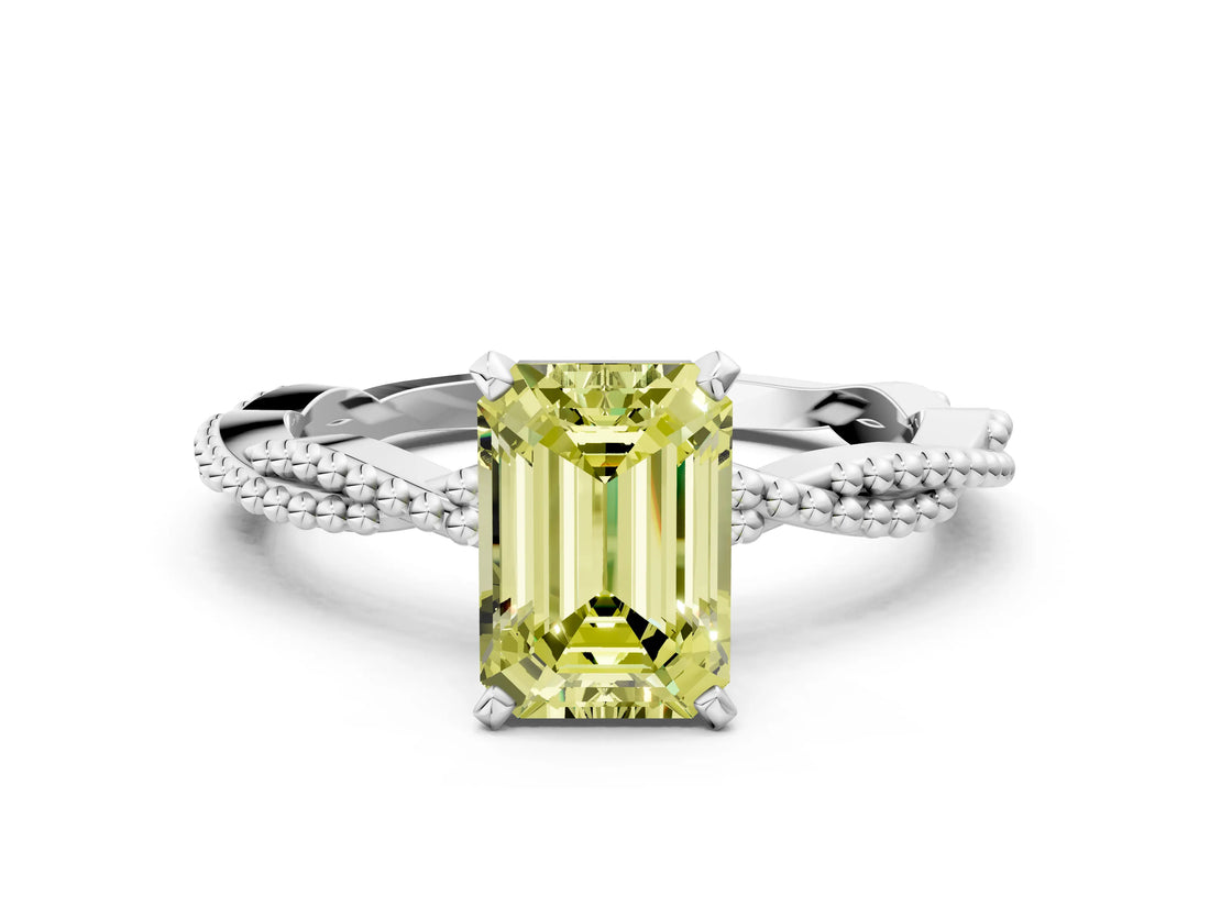 White gold Fancy Yellow Emerald  Solitaire Twisted Band with Bead Prong Setting_326