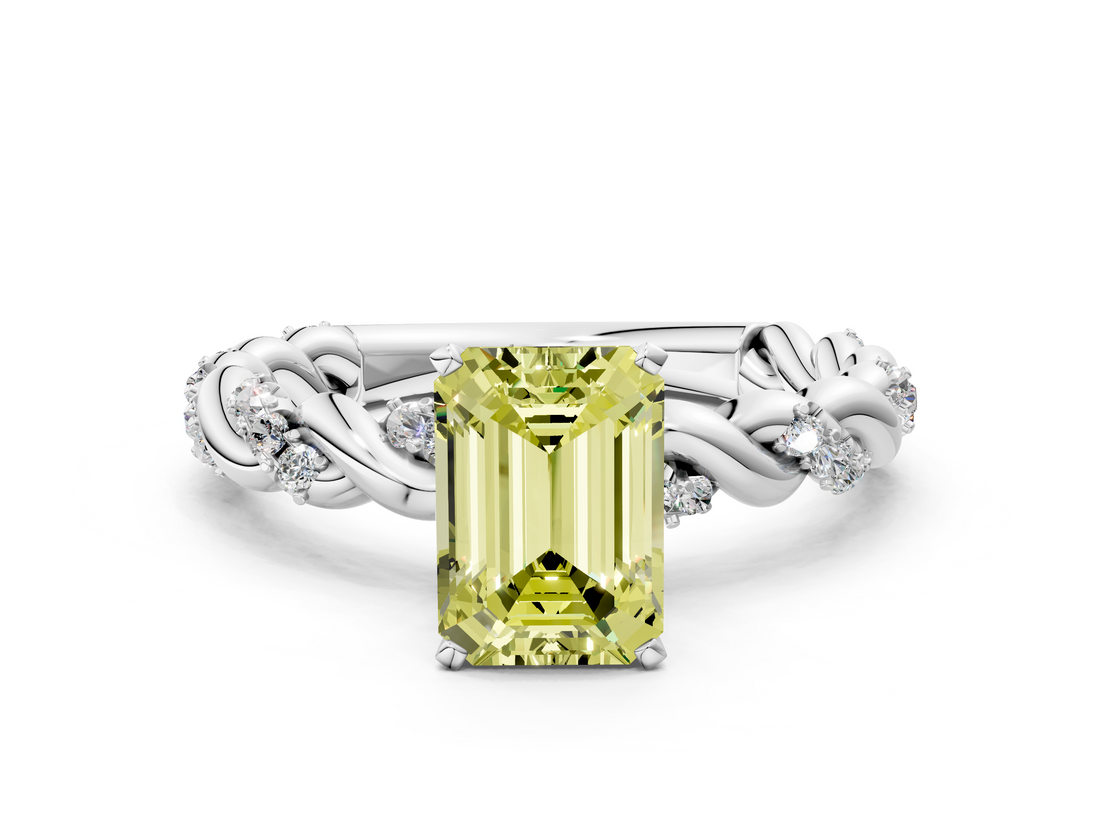 White gold Fancy Yellow Emerald  Solitaire Twisted Band with Pavé Accents and Four-Prong Setting_3