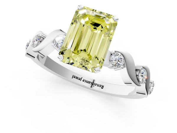 White gold Fancy Yellow Emerald  Solitaire Twisted Band with Prong Setting