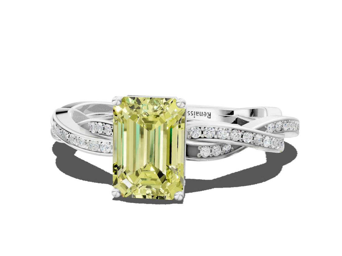 White gold Fancy Yellow Emerald  Solitaire Twisted Pave Diamond Ring with Four-Prong Setting_124