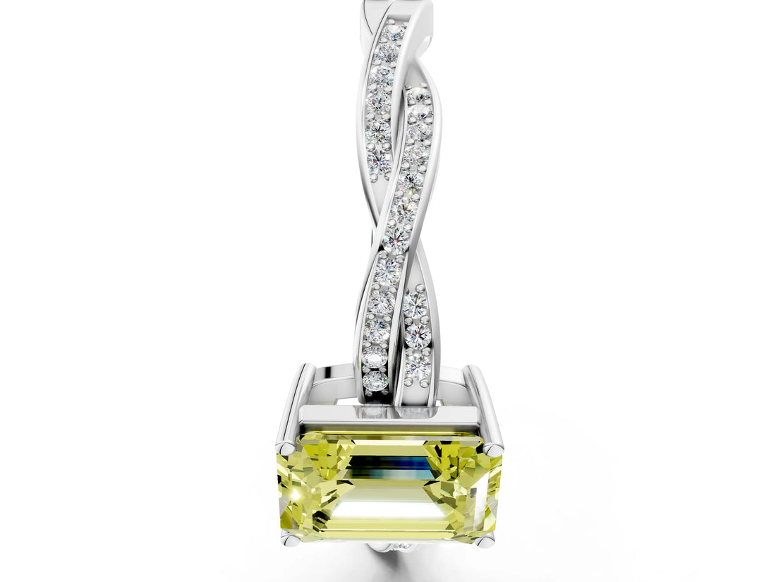 White gold Fancy Yellow Emerald  Solitaire Twisted Pave Diamond Ring with Four-Prong Setting_13