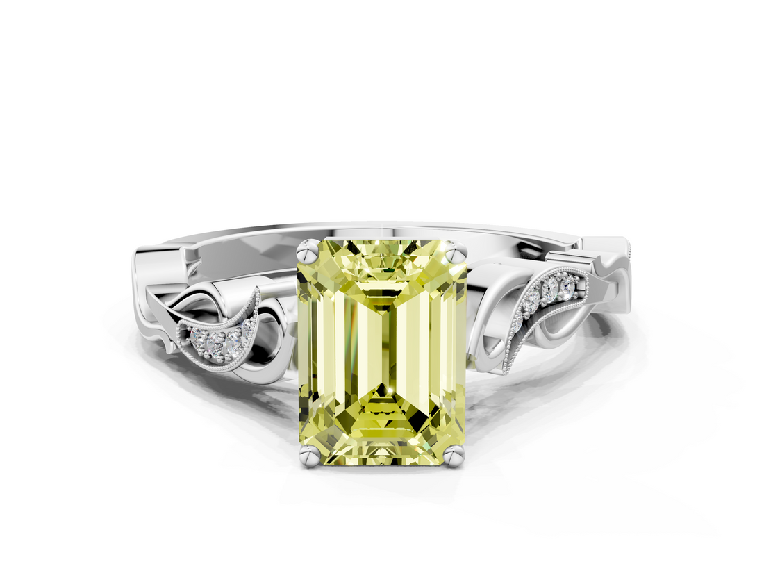 White gold Fancy Yellow Emerald  Solitaire Vine Band with Milgrain Prong Setting_3